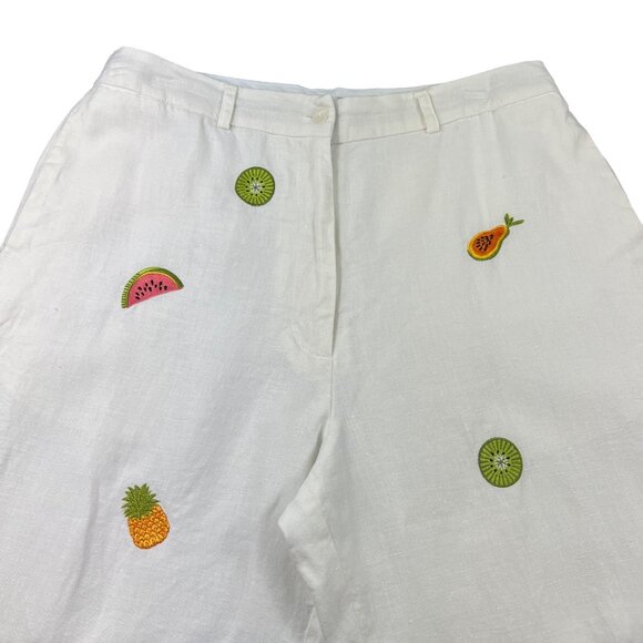 Jillian Jones Wide-Leg Linen Pants Cropped Women’s Sz 12 White Fruit Embroidery - Picture 4 of 15